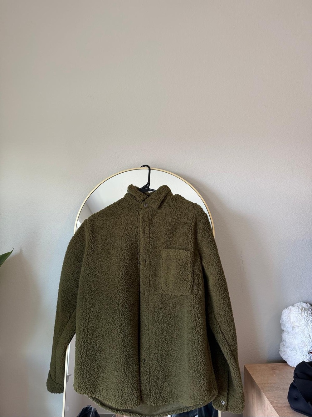 Men's Olive Green Sherpa Shirt Jacket - Lightweight Layer